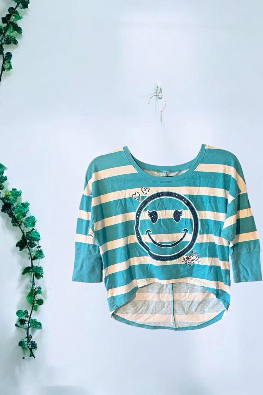 Justice Girls Teal White Striped Smiley Glitter Cropped Tee Size 10